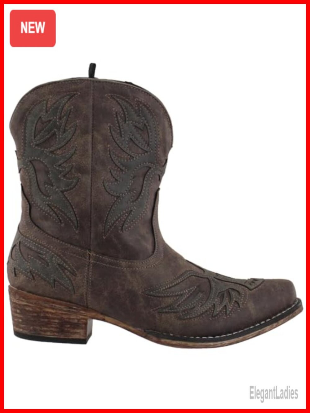 Faux Leather Snip Toe Western Booties Pull On Cushioned Casual